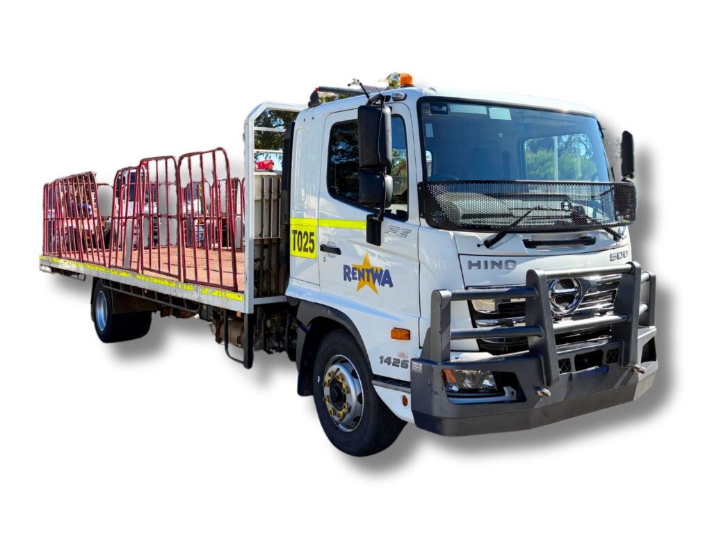 MR Class single cab 7.9m tray truck – front three‑quarter view (Rent WA)